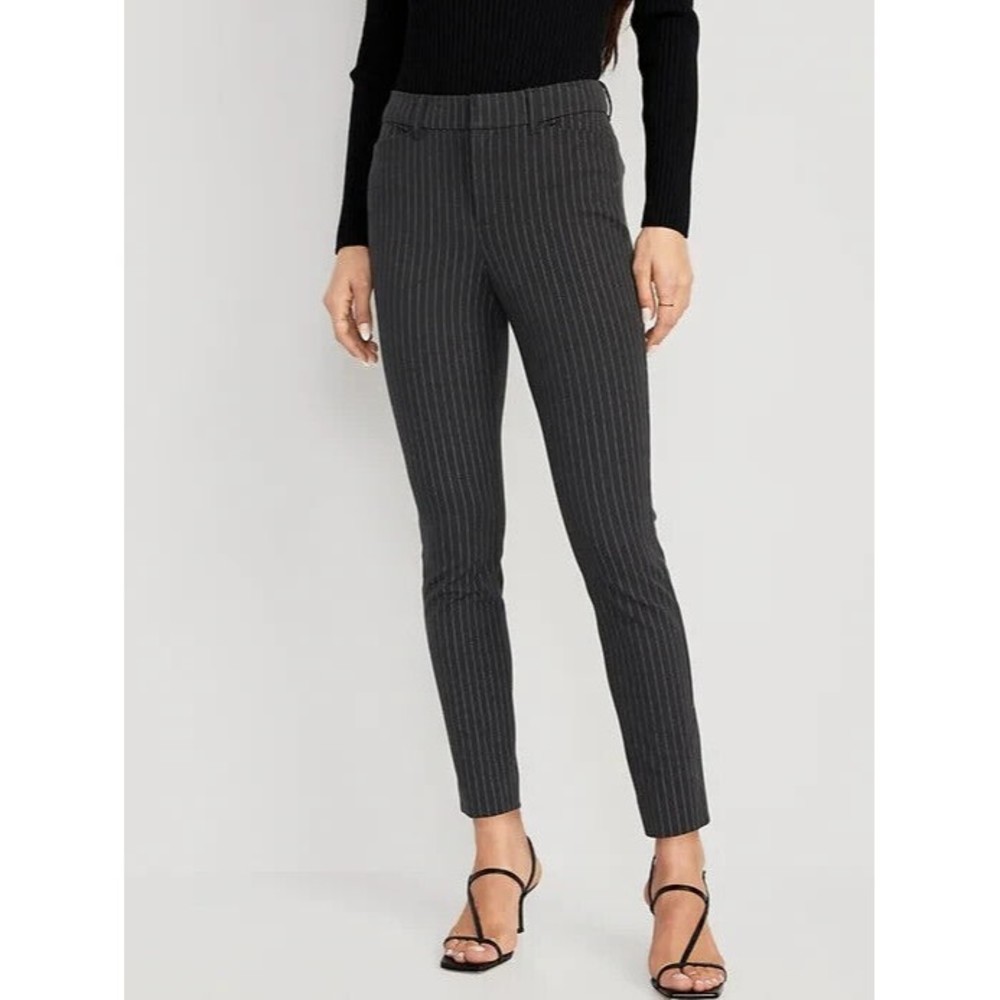 Old Navy High Rise Pixie Skinny Pants Womens 4 Petite Gray Striped Stretch NEW